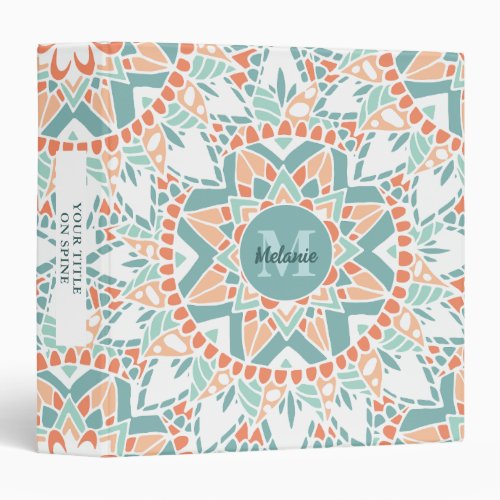 Mandala Peach Teal Monogram Name 3 Ring Binder