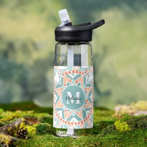 Mandala Peach Teal Monogram Name Water Bottle