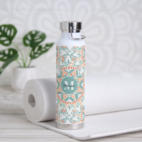 Mandala Peach Teal Monogram Name Water Bottle