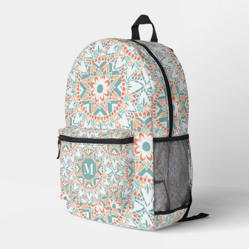 Mandala Peach Teal Monogram Printed Backpack