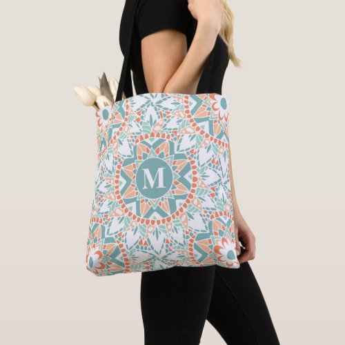 Mandala Peach Teal Monogram Tote Bag