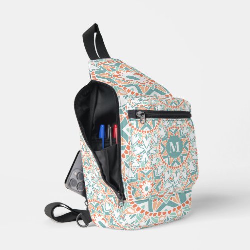 Mandala Peach Teal Pattern Monogram Sling Bag