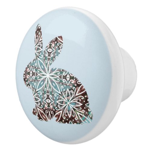 Mandala Rabbit Chocolate and Blues Ceramic Knob