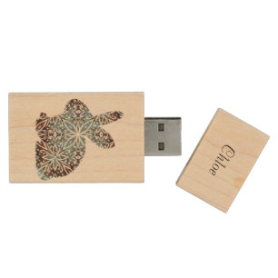 Mandala Rabbit Chocolate and Blues USB Wood Flash Drive