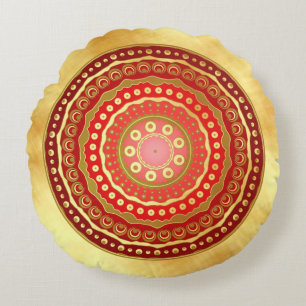 Mandala Red Gold Dots on Soft Gold Background Round Pillow