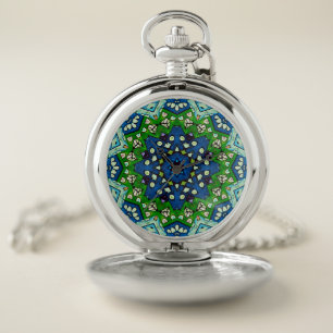 Mandala Retro Mosaic Green Blue Pattern Pocket Watch