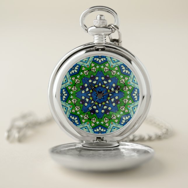 Mandala Retro Mosaic Green Blue Pattern Pocket Watch (Inside)