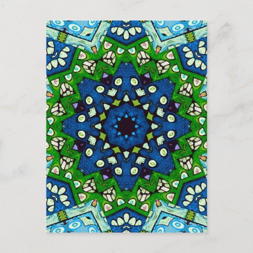 Mandala Retro Mosaic Green Blue Pattern Postcard