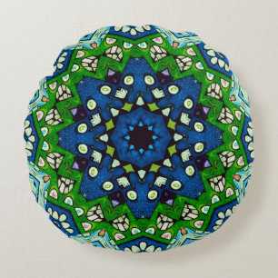 Mandala Retro Mosaic Green Blue Pattern Round Pillow