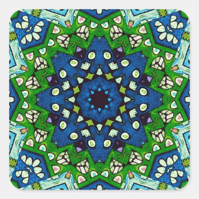 Mandala Retro Mosaic Green Blue Pattern Square Sticker (Front)
