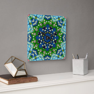 Mandala Retro Mosaic Green Blue Pattern Square Wall Clock