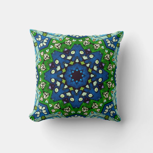 Mandala Retro Mosaic Green Blue Pattern Throw Pillow (Front)