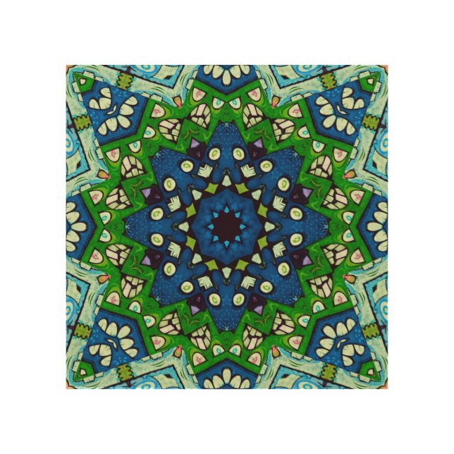 Mandala Retro Mosaic Green Blue Pattern Wood Wall Art (Front)