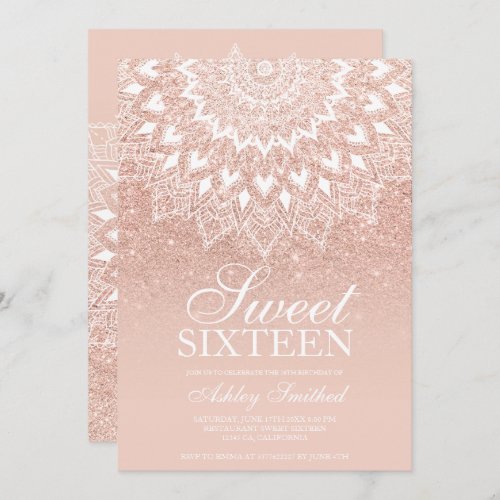 Mandala rose gold glitter elegant chic Sweet 16 Invitation