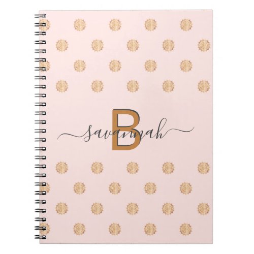 Mandala rose gold pink monogram script yoga notebook