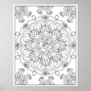Mandala Roses for Adult Coloring Poster