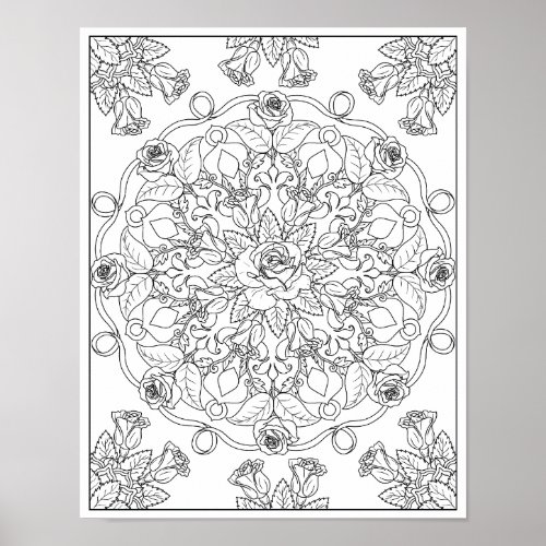 Mandala Roses for Adult Coloring Poster