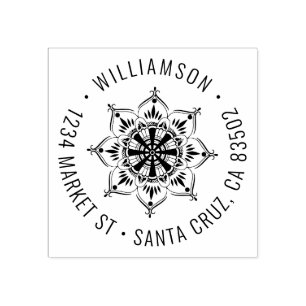 Mandala Round Family Name Return Address Rubber Stamp
