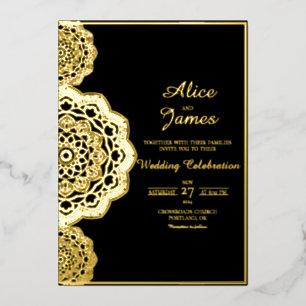 Mandala Side Frame Elegant Black Gold Foil Wedding Invitation