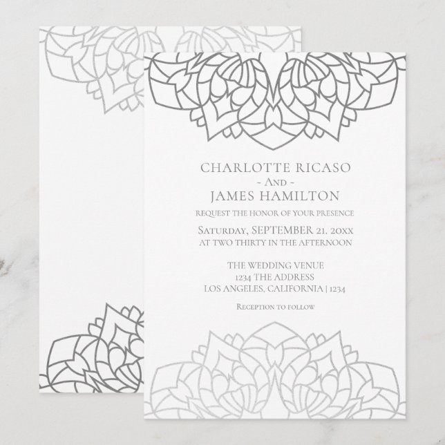 Mandala Silver Grey Pattern Personalized Wedding Invitation (Front/Back)