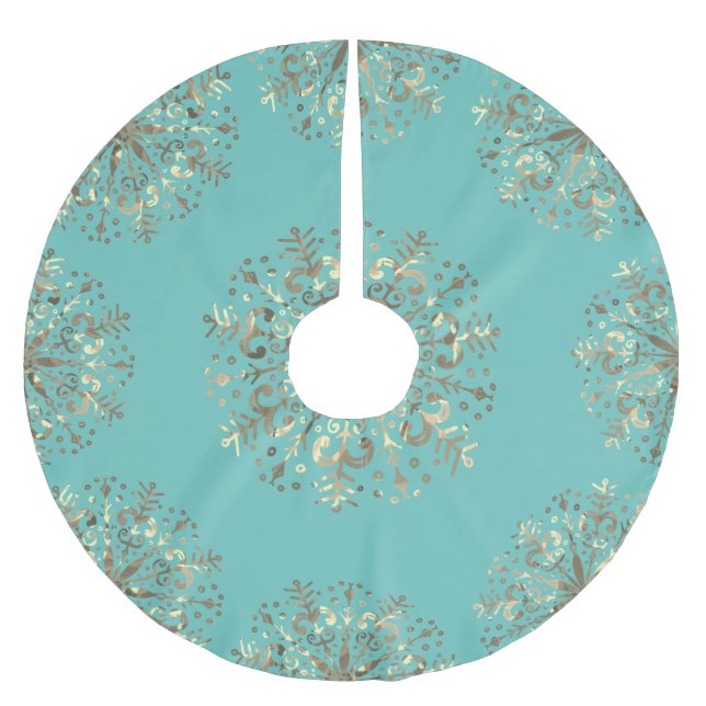 Mandala Snowflake Gold Teal Blue Brushed Polyester Tree Skirt (Front)