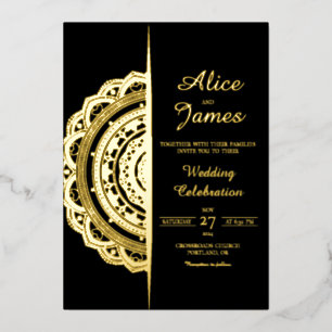 Mandala Split Frame Luxury Black Gold Foil Wedding Invitation