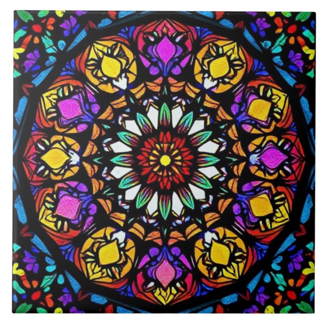 Mandala Stained Glass Floral Artwork Ceramic Tile (Front)