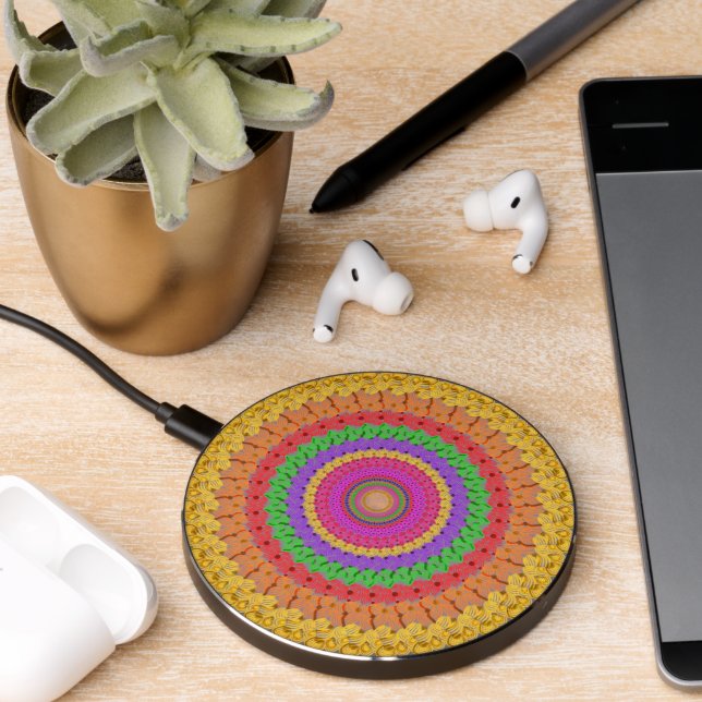 Mandala style of yellow crochet -  wireless charger  (Desk 2)