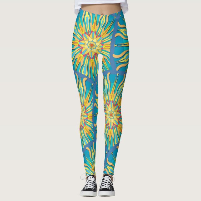 Mandala Sun Goddess, Reds Yellows on Aqua Leggings (Front)