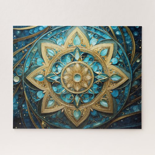 Mandala Teal Blue Gold Jigsaw Puzzle