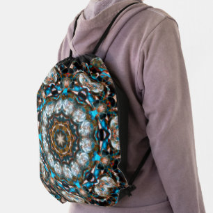Mandala that looks like a crater in bright colors drawstring bag