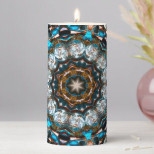 Mandala that looks like a crater in bright colors pillar candle