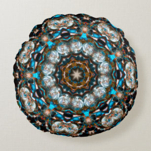 Mandala that looks like a crater in bright colors round pillow