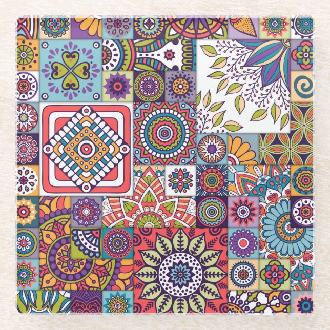 Mandala Tile Pattern Glass Coaster (Front)