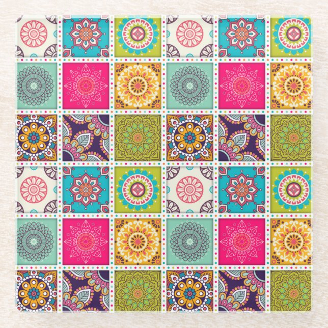 Mandala Tile Pattern Glass Coaster (Front)
