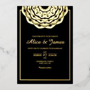 Mandala Top Frame Elegant Black Gold Foil Wedding Invitation