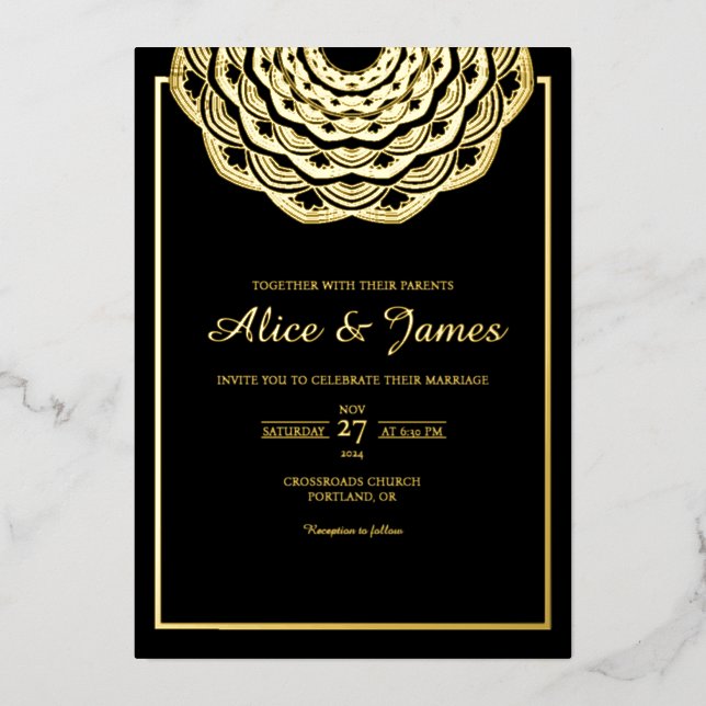 Mandala Top Frame Elegant Black Gold Foil Wedding Invitation (Front)