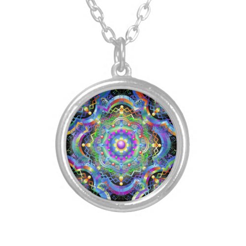 Mandala Universe Psychedelic Colors Silver Plated Necklace