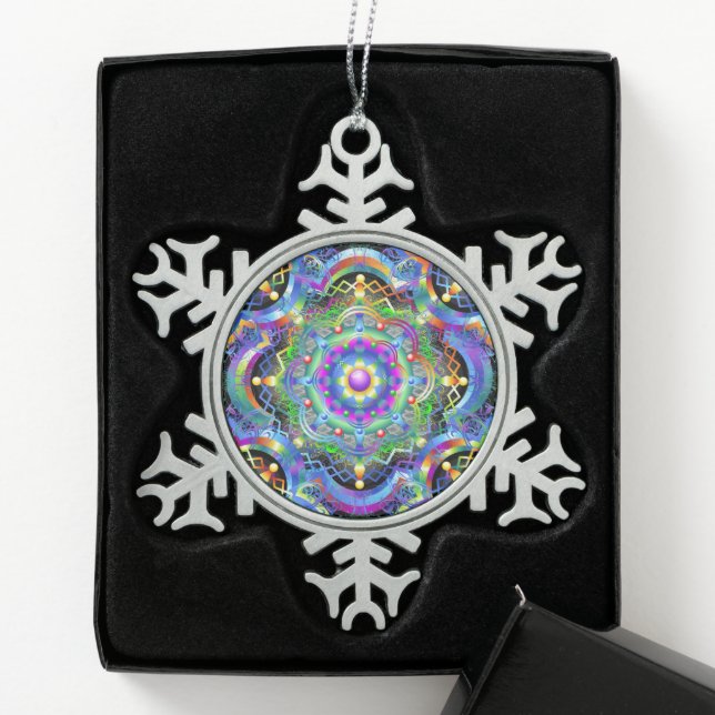 Mandala Universe Psychedelic Colors Snowflake Pewter Christmas Ornament (Box)