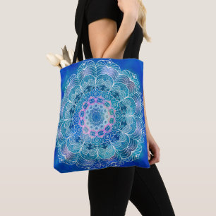 Mandala White Outline 12 on Blue Teal -  Tote Bag