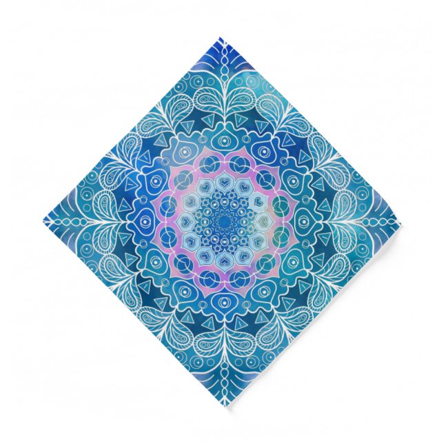 Mandala White Outline blue Watercolor -  Bandana (Front)
