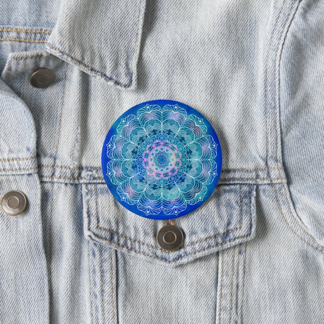 Mandala White Outline blue Watercolor -  Button (In Situ)