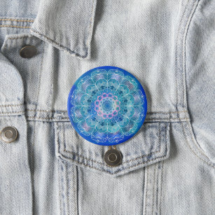 Mandala White Outline blue Watercolor -  Button