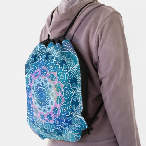 Mandala White Outline blue Watercolor _  Drawstring Bag