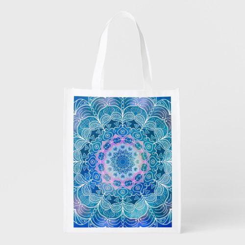 Mandala White Outline blue Watercolor _  Grocery Bag