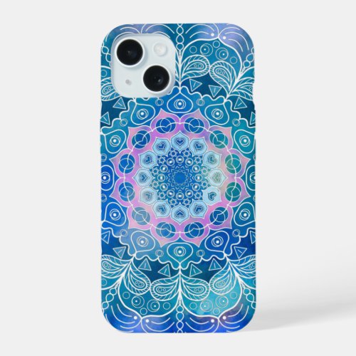 Mandala White Outline blue Watercolor _  iPhone 15 Case