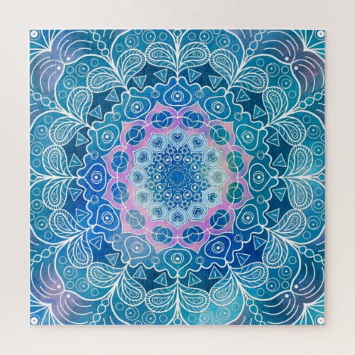 Mandala White Outline blue Watercolor _  Jigsaw Puzzle