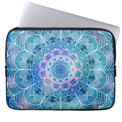 Mandala White Outline blue Watercolor _  Laptop Sleeve