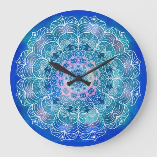 Mandala White Outline blue Watercolor _  Large Clock