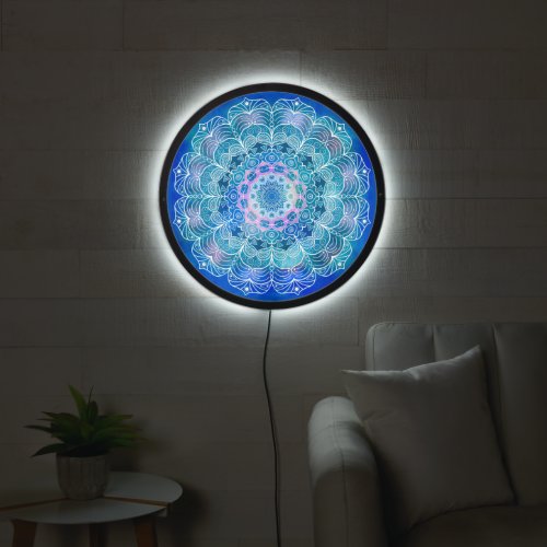 Mandala White Outline blue Watercolor _  LED Sign